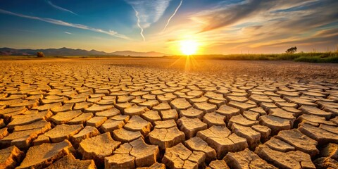 Dry cracked earth under warm sunlight, emphasizing the impact of drought and the need for water and environmental awareness, dry