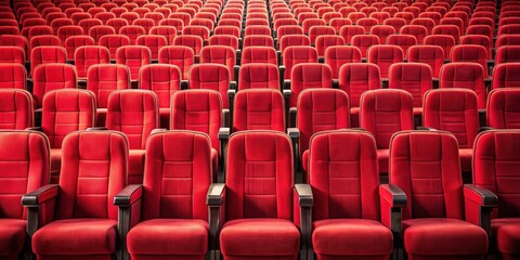 Naklejka premium Red cinema seats in a theater setting, theater, cinema, seats, red, background, entertainment, movie, film, audience, interior