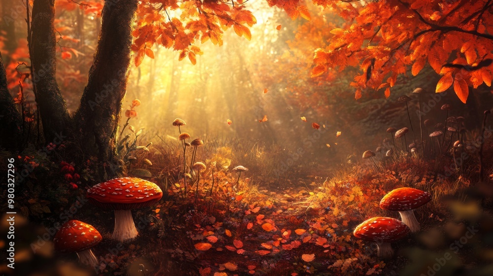 Leinwandbilder a serene forest path enveloped in autumn's golden light showcases vibrant red mushrooms and falling 