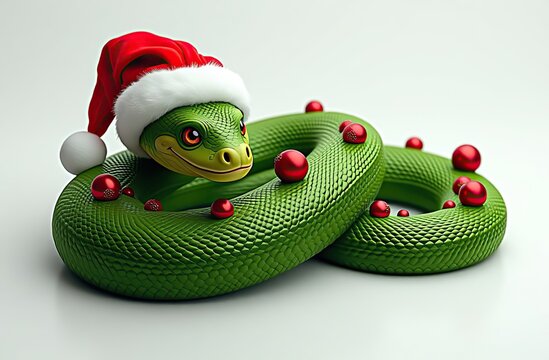 On a white clean background, a close-up lies a green snake curled up in the shape of a Christmas tree, on the head of the snake there is a red cap with white fur, the body of the snake is decorated