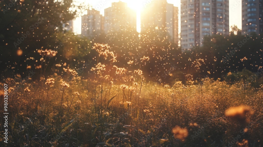 Aufkleber a field of wildflowers basks in the warm light of the setting sun. the flowers sway gently in the br
