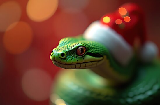 On a white clean background, a close-up lies a green snake curled up in the shape of a Christmas tree, on the head of the snake there is a red cap with white fur, the body of the snake is decorated