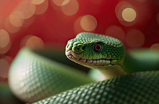 On a white clean background, a close-up lies a green snake curled up in the shape of a Christmas tree, on the head of the snake there is a red cap with white fur, the body of the snake is decorated