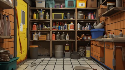 A 3D render of a janitor s closet filled with supplies