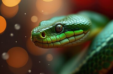 Fototapeta premium On a white clean background, a close-up lies a green snake curled up in the shape of a Christmas tree, on the head of the snake there is a red cap with white fur, the body of the snake is decorated