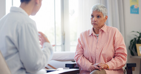Doctor, office and women in consultation at clinic for treatment plan, discussion and medical...