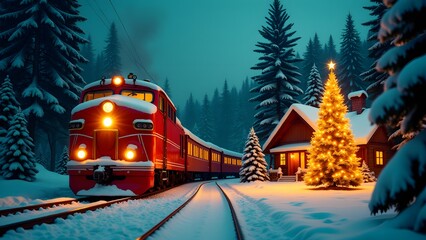 A red train travels past a snowy cabin with a glowing Christmas tree in a winter night setting