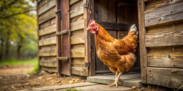 Brown hen walking into rustic chicken coop, hen, brown, walking, entering, rustic, coop, farm, animal, poultry