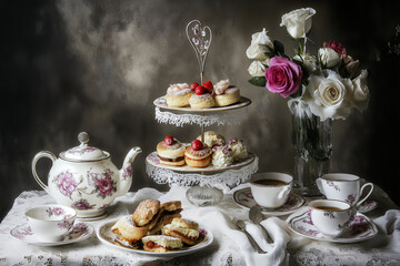 Fototapeta premium an inviting indoor tea party with a variety of desserts, teapots, and roses, creating a charming and serene garden ambiance
