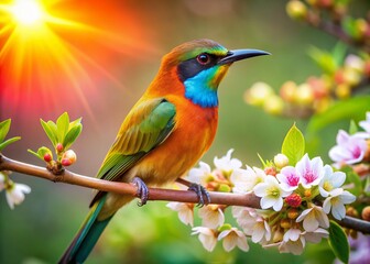 Fototapeta premium Vibrant plumage of exotic bird perches on delicate flower branch, showcasing radiant orange, green, and blue feathers amidst lush blooming flowers in warm sunlight.
