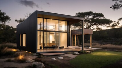 Fototapeta premium AI-Generated image of modern house in the woods