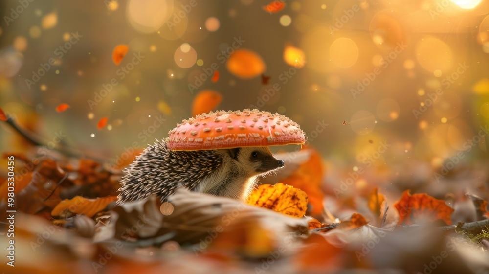 Sticker Hedgehog Under a Mushroom in Autumn