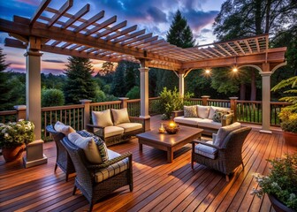 Elegant outdoor living space features classic mahogany deck, sophisticated wicker furniture, and lattice pergola, warmly illuminated for a relaxing evening ambiance.