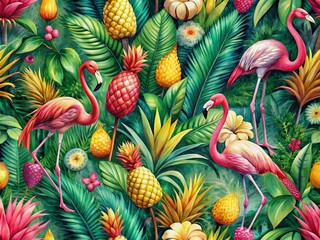 Obraz premium Vibrant artwork featuring pineapples and flamingos surrounded by exotic leaves in shades of pink, green, and yellow, exuding tropical warmth and serenity.