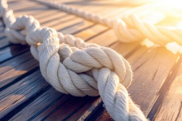 White Rope Linked Together On Wooden Ship Deck With Sunlight - Strength In Partnership Concept with generative ai