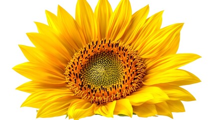 Isolated sunflower with vibrant yellow petals fanned out in perfect symmetry, standing out against a pristine white background, ideal for clean, modern compositions
