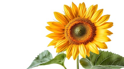 Obraz premium Isolated sunflower with vibrant yellow petals fanned out in perfect symmetry, standing out against a pristine white background, ideal for clean, modern compositions
