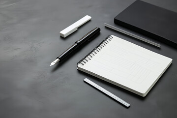 a modern notebook and stylus are placed on a clean grey surface, emphasizing a minimalist design