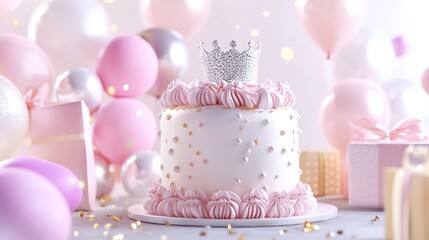 3D render of a luxurious birthday cake adorned in white, pink, and gold, with an elegant silver crown on top. Surrounded by thoughtfully arranged gifts and vibrant balloons, 