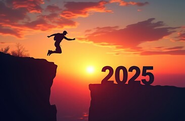 New Year 2025, Inspiration and progress towards new success. Silhouettes of human jumping over cliff towards finish line with text new year 2025 on sunset beautiful 