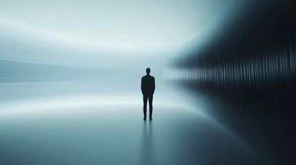 A figure stands in quiet space, surrounded by abstract sound waves, creating serene and contemplative atmosphere. minimalist design enhances feeling of solitude and introspection