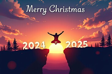 New Year 2025, Inspiration and progress towards new success. Silhouettes of human jumping over cliff towards finish line with text new year 2025 on sunset beautiful