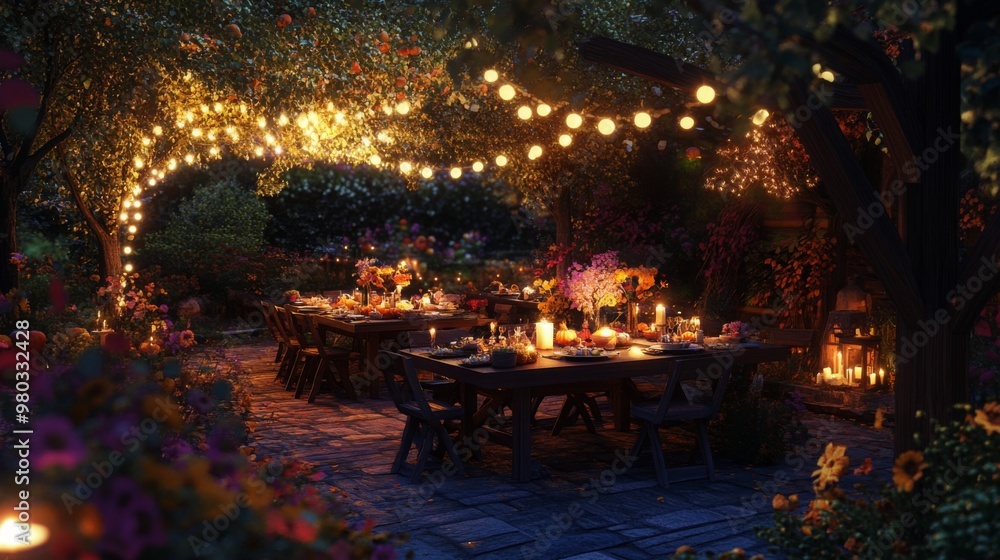 Poster a beautifully arranged outdoor dining area is illuminated by warm string lights. tables are adorned 