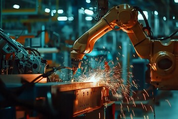 Fototapeta premium Robotic Arm Precisely Welds Components On An Automotive Assembly Line. Sparks Fly As The Welding Process Takes Place