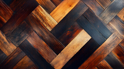 Close-up of a herringbone patterned wooden floor.