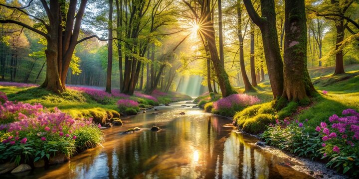 Vibrant blossoming forest with sun-dappled glade surrounded by lush greenery, gentle stream meandering through, tranquil atmosphere, warm light filtering through towering trees.