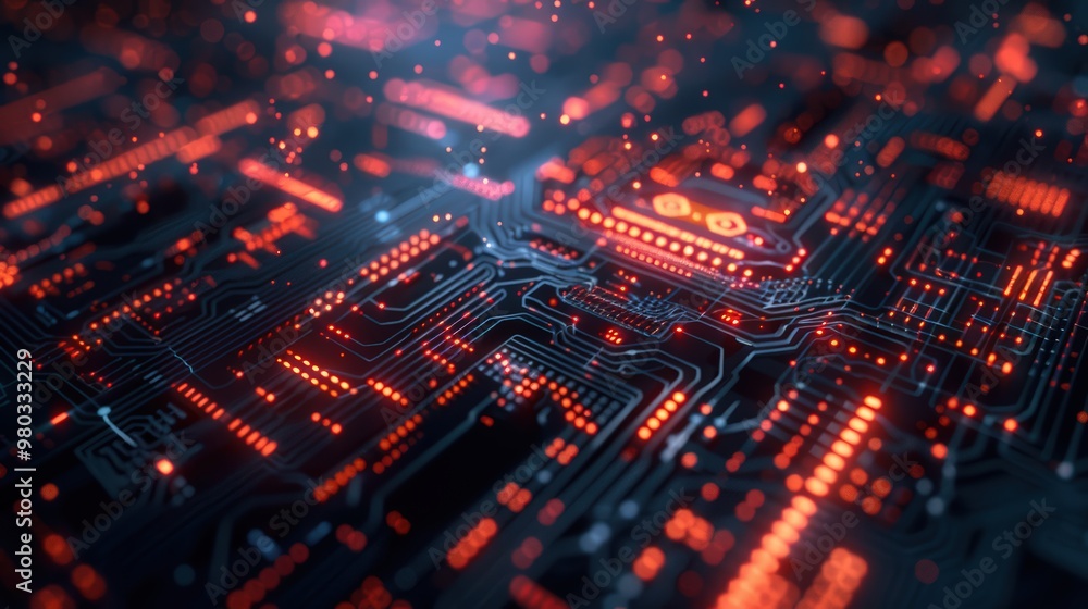 Poster dynamic glowing lines on a digital circuit board. modern technology innovation