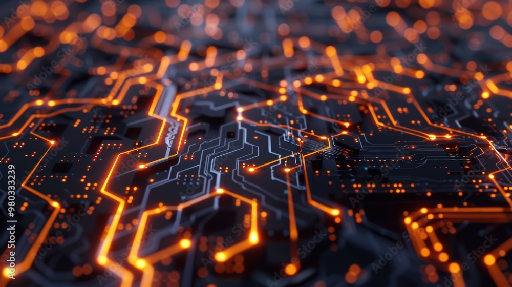 Poster dynamic glowing lines on a digital circuit board. modern technology innovation