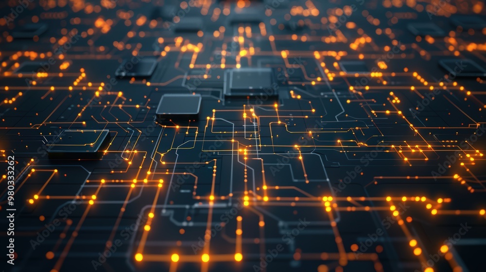 Poster dynamic glowing lines on a digital circuit board. modern technology innovation