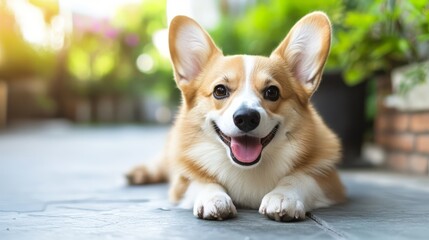 Obraz premium Cheerful and Playful Corgi Smiling Happily Outdoors in Bright Sunshine