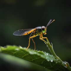 a fly with a green fly on its head sits on a green leaf.