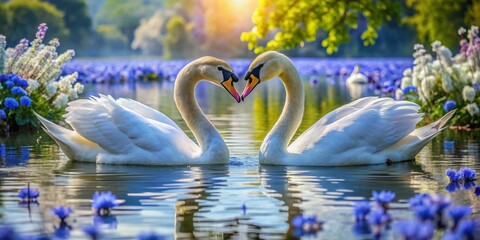 Obraz premium Two majestic swans tenderly touch beaks amidst a tranquil lake surrounded by vibrant blue flowers, creating a peaceful and romantic atmosphere in nature's serenity.