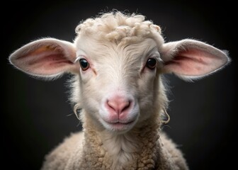 Obraz premium Adorable innocent white lamb with soft curly fur and big brown eyes posing on a dark black background with a serene gentle expression.