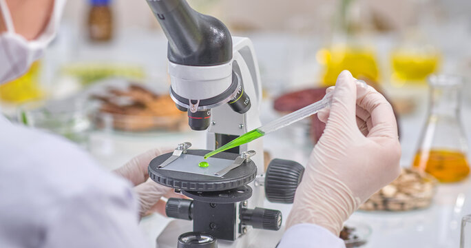 Rear view of a scientist dropping green extract onto a microscope for observation. Laboratory setting with herbs and instruments on the table, suitable for experimental photography.