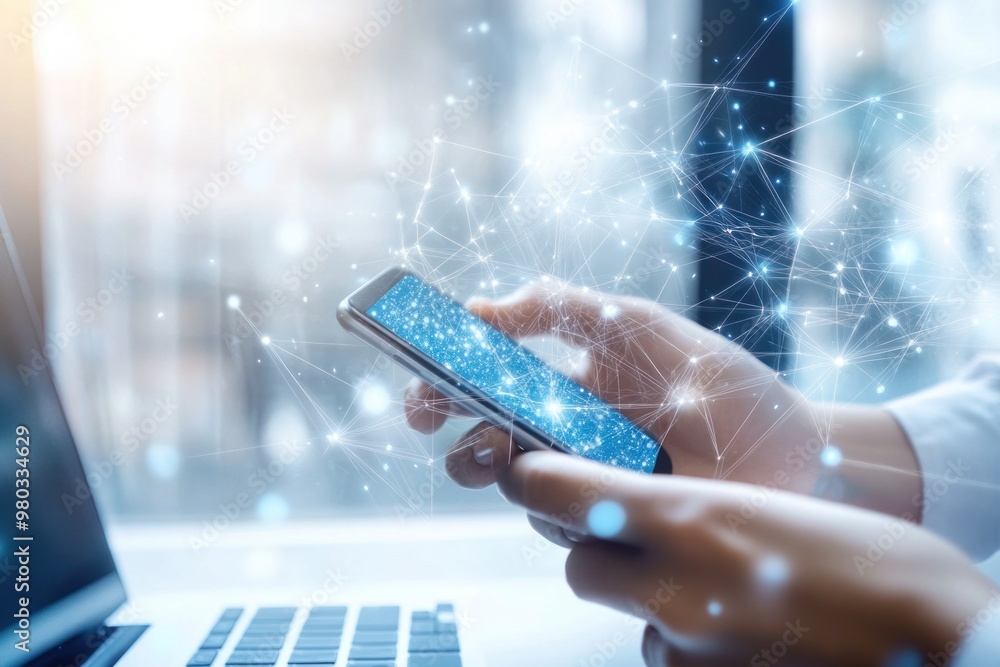 Poster hands holding phone with abstract network visual