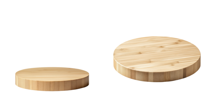 Two round wooden boards on a white background, perfect for serving food, displays, or creative kitchen decor. transparent background