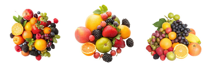 Vibrant assortment of fresh fruits including berries, citrus, and tropical selections arranged artfully for a healthy lifestyle. transparent background