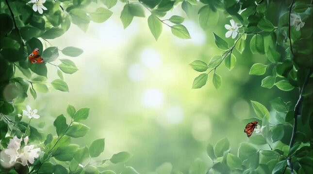 Butterflies and bee in a peaceful green garden surrounded by flowers. Seamless looping time-lapse video background
