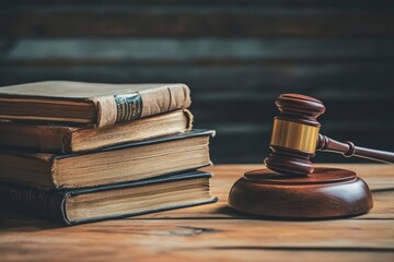 Obraz premium Wooden gavel and books on wooden table, law concept with generative ai