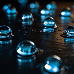 a macro shot of water droplets on a table with a blue light in the background.