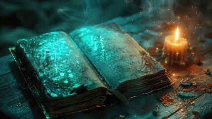 An old, magical book glows with ethereal light, illuminated by a flickering candle.