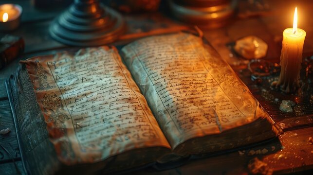 Open ancient book with candlelight on wooden table.