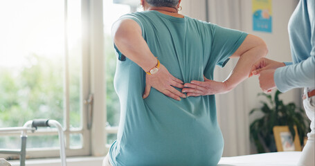 Back pain, physiotherapy and office with people in consultation for medical, support and recovery....