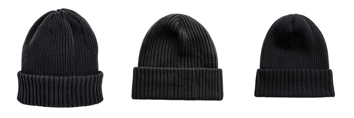 A collection of black knitted beanie hats, showcasing different styles and fits for winter fashion. transparent background