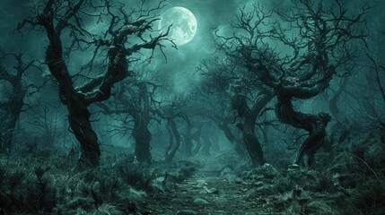 Eerie, moonlit forest with gnarled trees and a misty atmosphere.