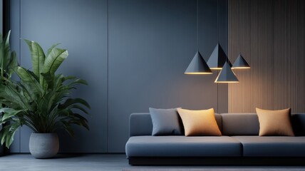 Modern living room with geometric pendant lights and warm lighting.